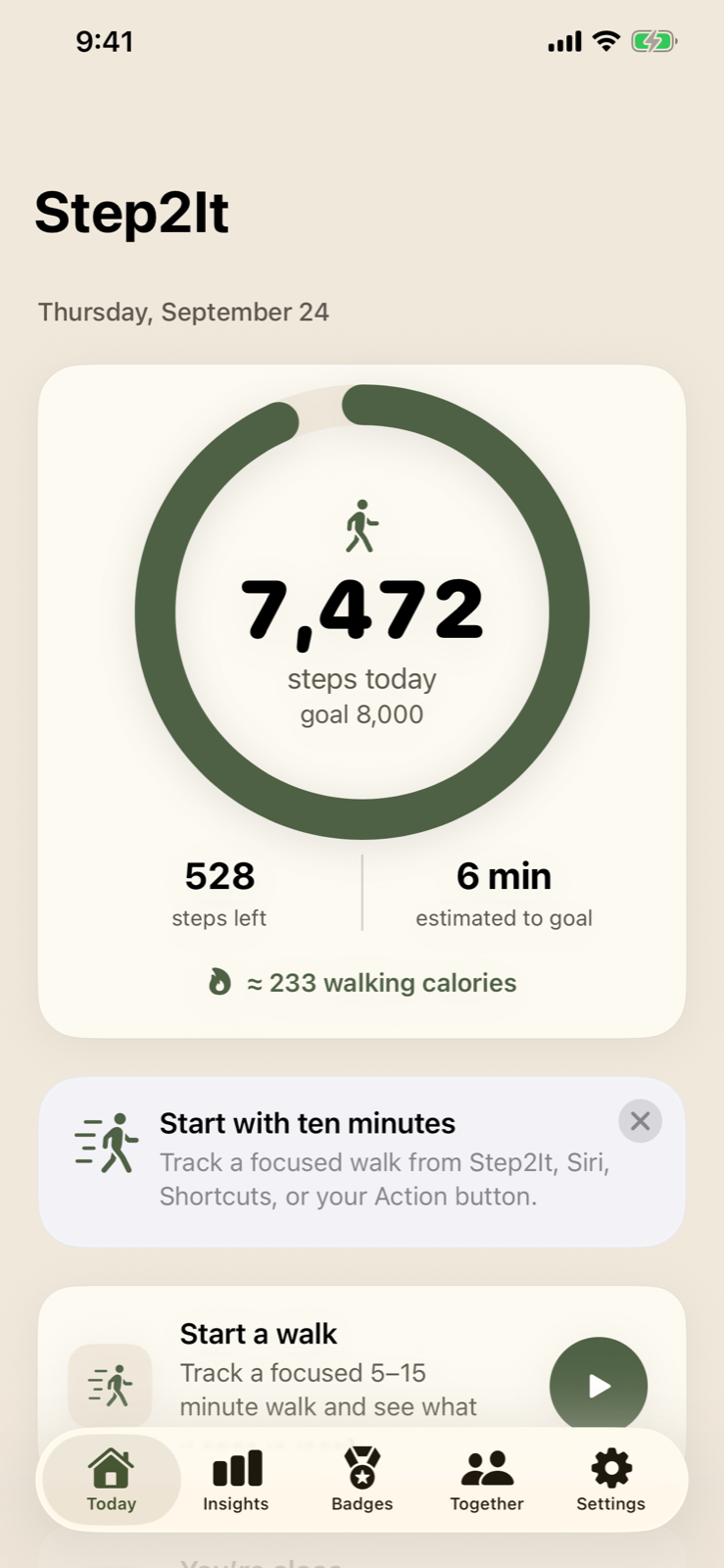 Step2It Today screen showing daily steps, steps remaining, walking calories, and estimated minutes to goal