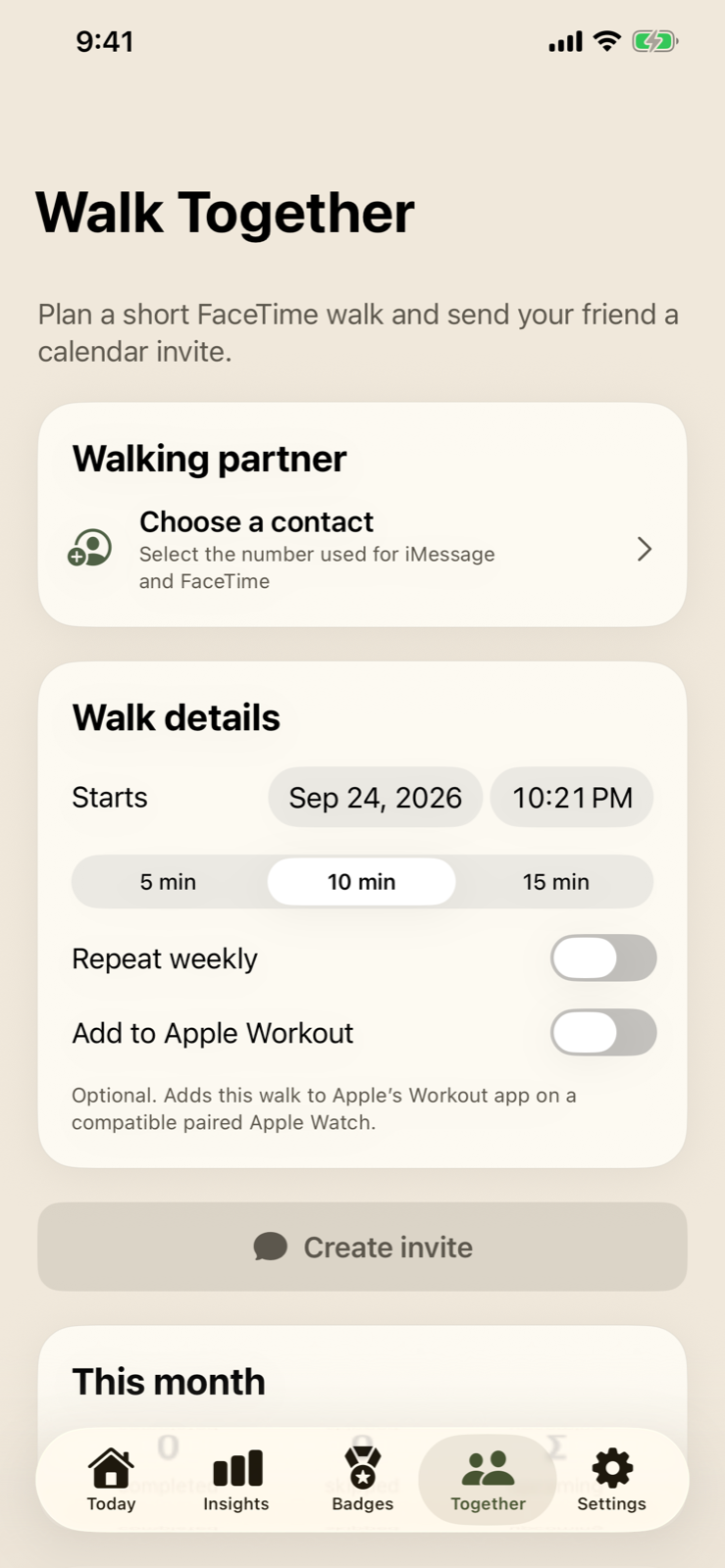 Step2It Walk Together screen for scheduling a FaceTime walk and calendar invitation